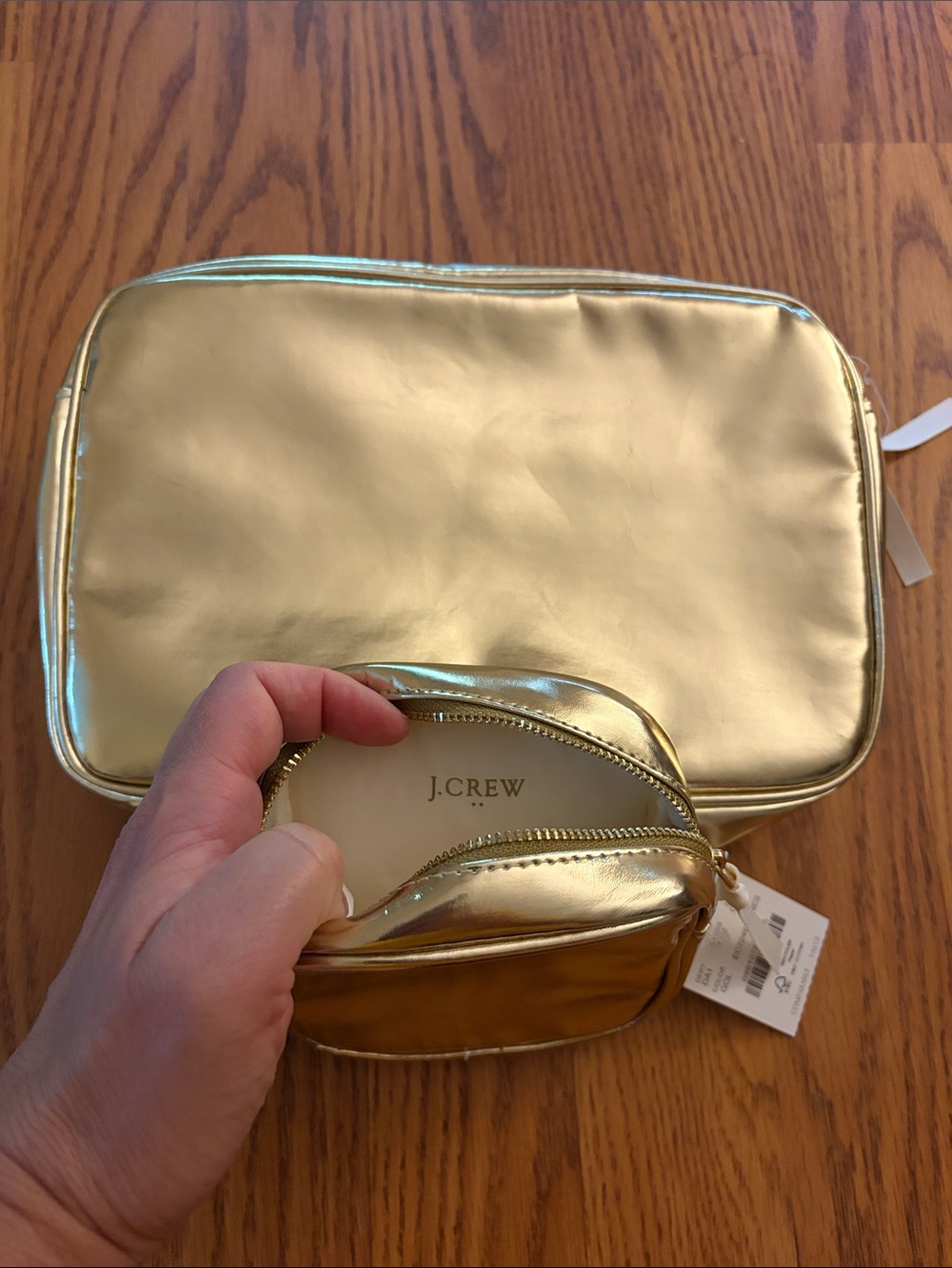 J. Crew two piece Shiny Metallic Gold Cosmetic Travel Pouch - Picture 5 of 5